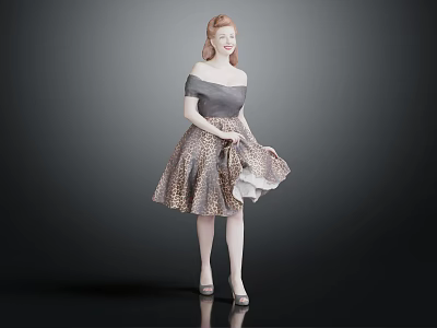 Red Haired Woman In Off Shoulder Leopard Print Skirt With High Heels Standing Gracefully 3d model
