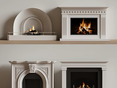White Fireplaces In Various Styles With Decorative Details And Burning Flames 3d model