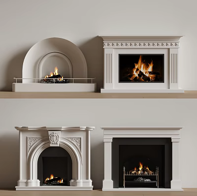 White Fireplaces In Various Styles With Decorative Details And Burning Flames 3d model