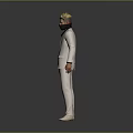 Game Movie Character in White Suit with Black Mask Blonde Hair 3D Standing Gray Background