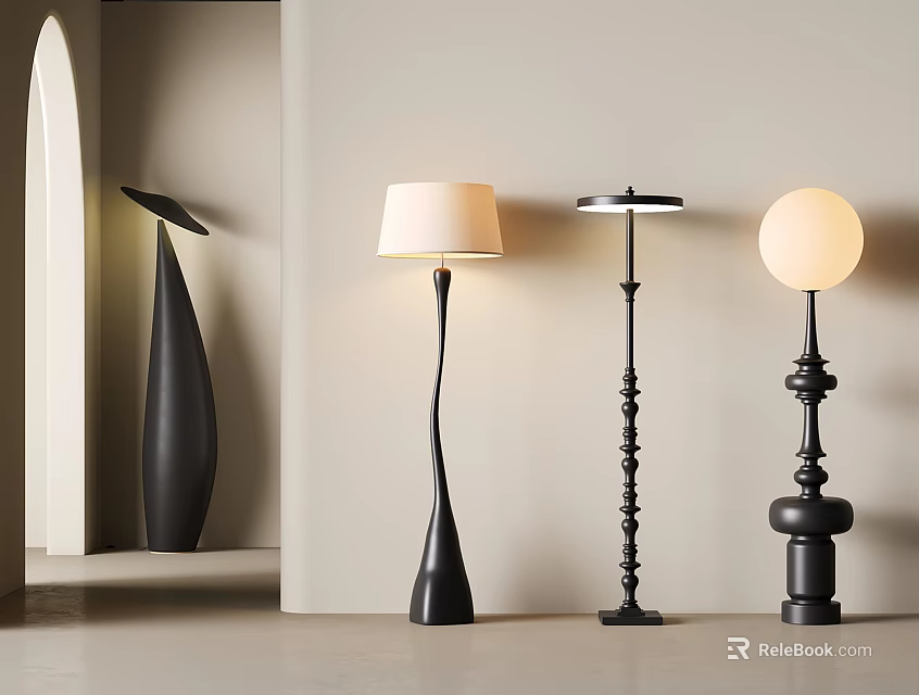 Stylish Contemporary Floor Lamps with Various Designs Black Bases and White Shade for Interior Design 3d model 