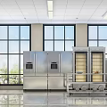 Modern Commercial Kitchen Interior With Stainless Steel Worktables Range Hood And Shiny Floor