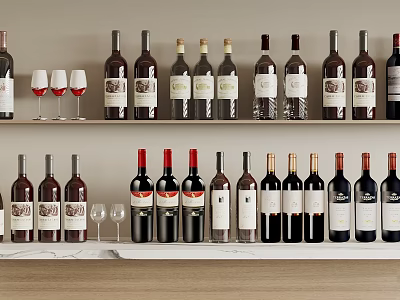 Wine Bottles And Glasses Arranged On Shelves 3d model