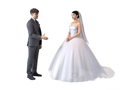 Wedding Couple With Groom In Suit And Bride In Gown 3d model