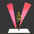 Blonde Female Character And Mythical Creature Standing On Glowing White Platform With Pink Light Beams Red Top Black Boots
