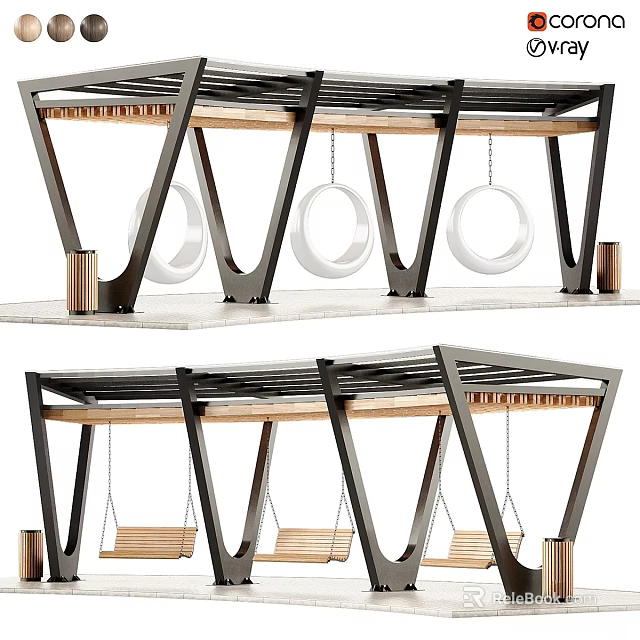Ground Platform With Wooden Surface Metal Frame And Circular Hanging Chairs 3d model 