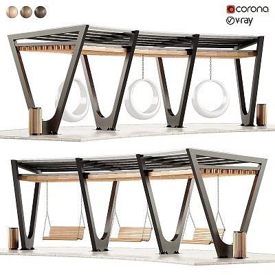Ground Platform With Wooden Surface Metal Frame And Circular Hanging Chairs 3d model
