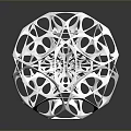White Hollow Sphere Sculpture With Intricate Geometric Patterns On Black Reflective Surface
