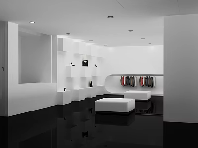 Modern Clothing Store Interior With White Walls Black Floors Display Racks And Hanging Clothes 3d model