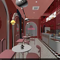 Pink Dessert Shop Interior Design With Arched Decor White Tables Chairs And Counter