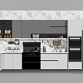 Modern Kitchen Interior With Kitchenware Stove Refrigerator Marble Wall Cabinets And Utensils 3d model