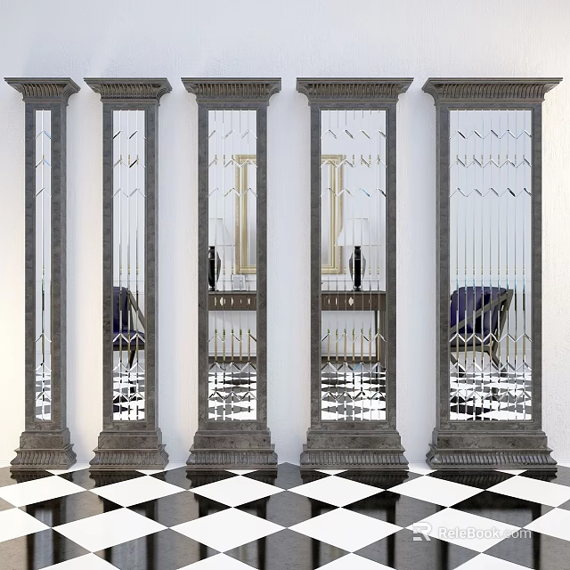 Modern Roman Columns With Mirror Panels And Carved Bases On Checkerboard Floor 3d model 