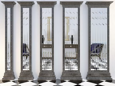 Modern Roman Columns With Mirror Panels And Carved Bases On Checkerboard Floor 3d model
