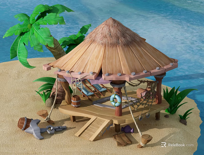 Cartoon Beach Scene With Thatched Roof Gazebo Palm Tree Lounge Chairs And Ropes 3d model 