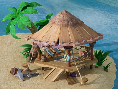 Cartoon Beach Scene With Thatched Roof Gazebo Palm Tree Lounge Chairs And Ropes 3d model