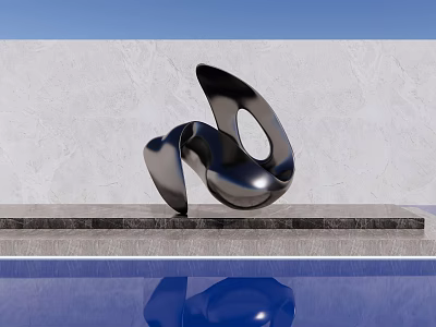 Modern Sleek Black Landscape Sculpture On Stone Platform With Pool Reflection And Blue Sky 3d model