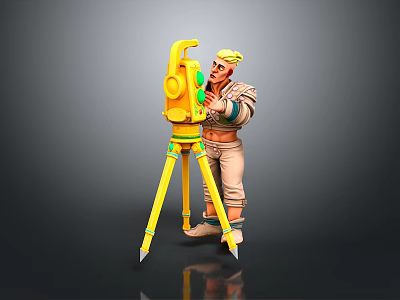 Cartoon Character Operating Yellow Surveying Instrument On Tripod Stand 3d model