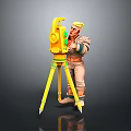Cartoon Character Operating Yellow Surveying Instrument On Tripod Stand
