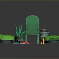 Green Chair With Round Cushions Potted Plant Clay Pot Colorful Blocks And Orange Cylinders Scene
