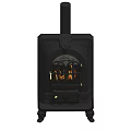 Black Cast Iron Wood Stove With Ornate Design Glass Door And Burning Flames