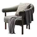 Modern Light Gray Upholstered Leisure Chair With Sturdy Wooden Legs Striped Pillow And Cozy Blanket