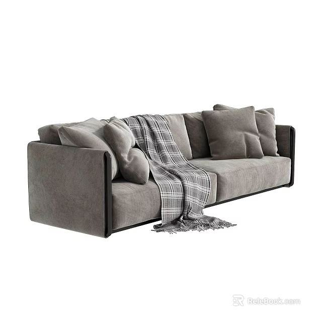 Modern Gray Two Seater Sofa With Plush Cushions And Checked Blanket 3d model
