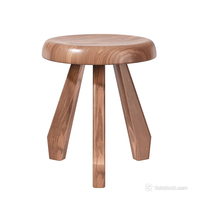 Simple Wooden Stool With Round Seat And Three Tapered Legs Design 3d model 