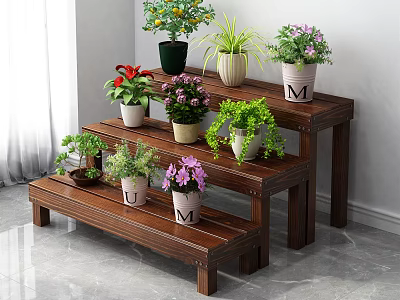 Multi Tiered Wooden Plant Stand With Colorful Potted Flowers And Green Plants 3d model