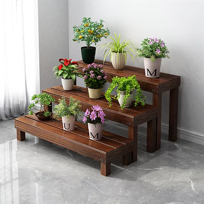 Multi Tiered Wooden Plant Stand With Colorful Potted Flowers And Green Plants 3d model