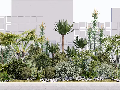 Lush Courtyard Garden Design With Palm Trees Shrubs And Modern Building Background 3d model