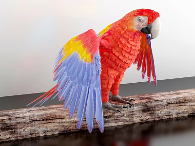 Colorful Parrot With Red Body Yellow And Blue Wings Standing On Wooden Log 3d model