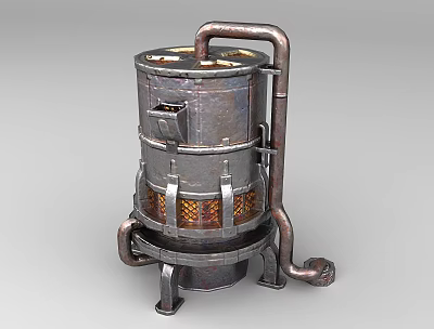 Vintage Industrial Metal Stove With Multi Layered Structure And Pipes On Base Stands 3d model