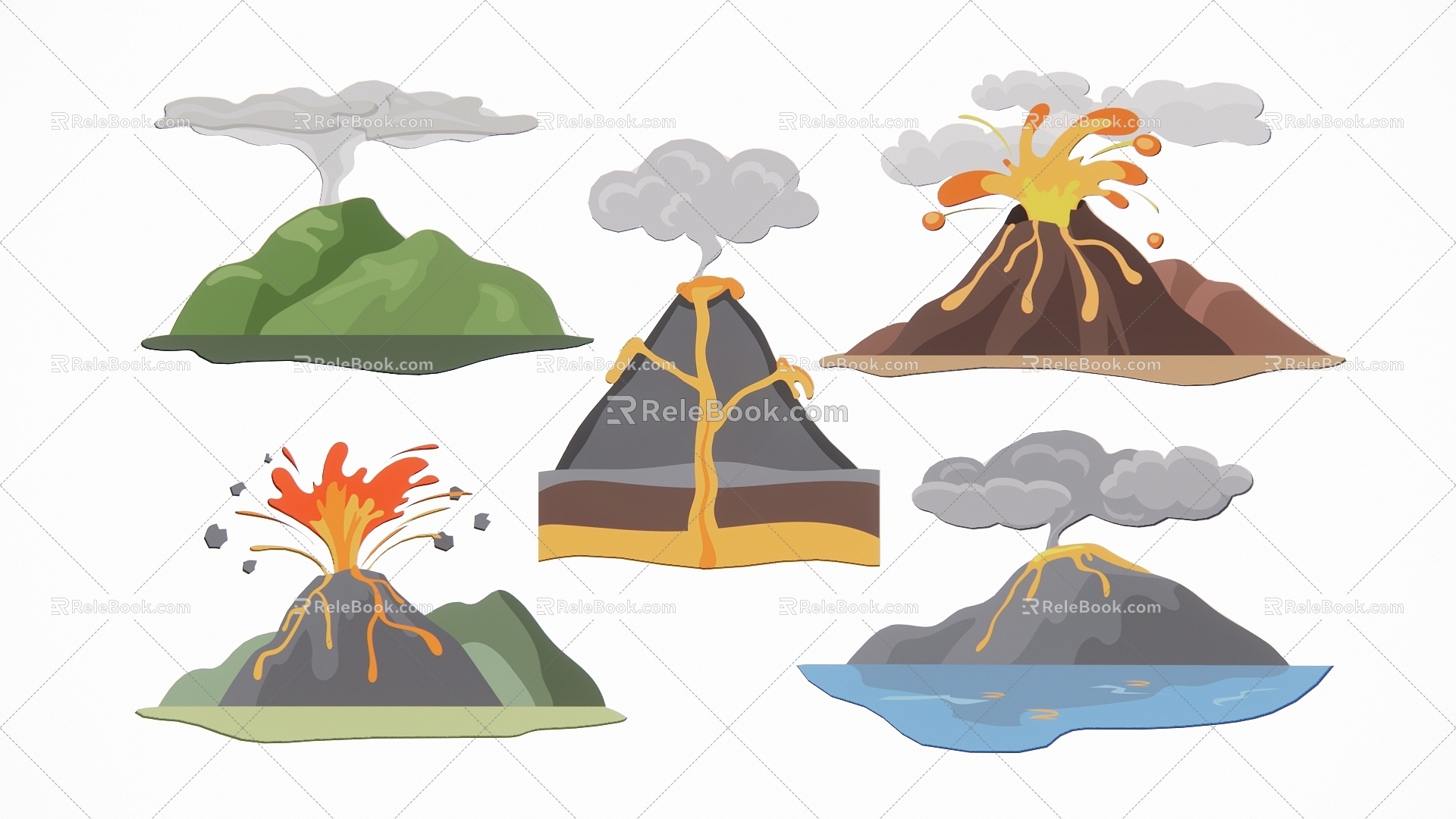 Modern 2D Volcanic Eruption Smoky Magma Scene Silhouette 3d model