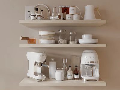 Organized Kitchen Interior With Shelves Holding White Coffee Maker Kettle Jars Plates And Bottles 3d model