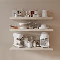 Organized Kitchen Interior With Shelves Holding White Coffee Maker Kettle Jars Plates And Bottles