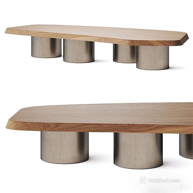Modern Coffee Table Design Featuring Wooden Surface And Metallic Cylindrical Bases 3d model