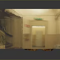 Cartoon Corridor Scene with Yellow Walls Red Carpet Columns and Green Exit Sign