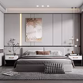 Modern Minimalist Bedroom Interior Design With Grey Headboard Plaid Pillows And Wall Art
