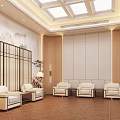 New Chinese Style Reception Room With Elegant Landscape Mural Warm Lighting And Comfortable Seats