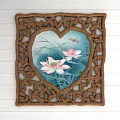 Heart Shaped Plant Painting With Lotus Flowers Dragonfly In Carved Wooden Frame On Light Wall