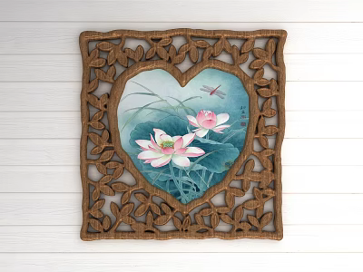 Heart Shaped Plant Painting With Lotus Flowers Dragonfly In Carved Wooden Frame On Light Wall 3d model