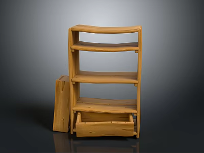 Natural Wooden Shelving Unit With Curved Shelves And Small Wooden Block 3d model