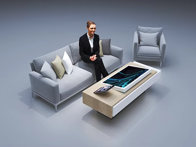Modern Gray Fabric Sofa And Coffee Table Set With Wooden Top Remote Control And Armchair 3d model