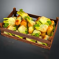 Fresh Vegetables In Wooden Crate With Green Leaves And Bulbous Shapes