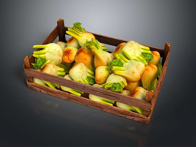 Fresh Vegetables In Wooden Crate With Green Leaves And Bulbous Shapes 3d model