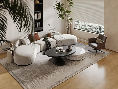 Unique Shape Sofa In Modern Living Room With Coffee Table Pillows And Green Plants 3d model