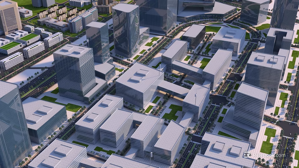 Modern Commercial Office Buildings In Urban City District With Green Spaces And Roads 3d model 