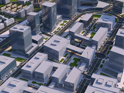 Modern Commercial Office Buildings In Urban City District With Green Spaces And Roads 3d model