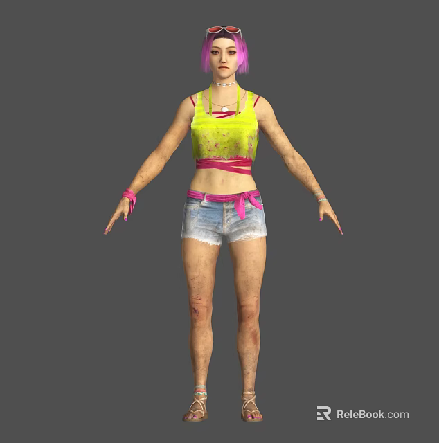 Game Movie Character Featuring Pink Hair Yellow Lace Top Blue Denim Shorts And Scars 3d model 