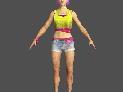 Game Movie Character Featuring Pink Hair Yellow Lace Top Blue Denim Shorts And Scars 3d model